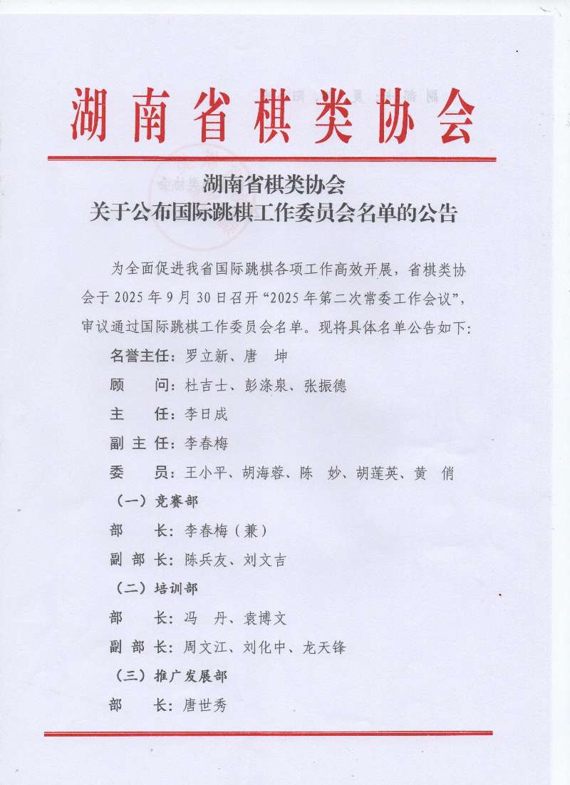 湖南省棋类协会关于公布国际跳棋工作委员会名单的公告